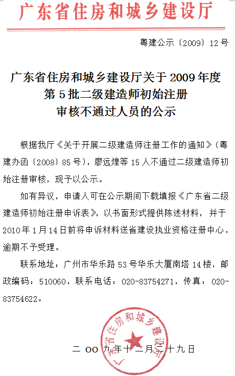 關于2009年度第5批二級建造師初始注冊審核不通過人員的公示