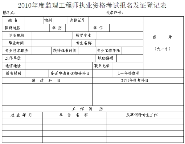 2010年度監(jiān)理工程師執(zhí)業(yè)資格考試報名發(fā)證登記表