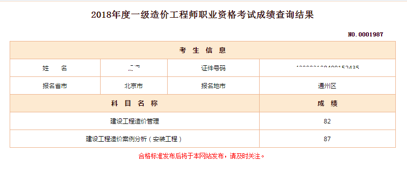 2018年一級造價(jià)工程師考試成績